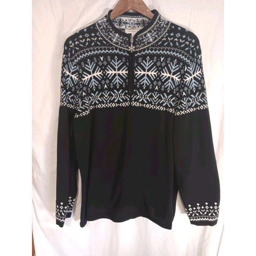 Breckenridge Women 2X Snowflake Fair Isle 1/4 Zip Cotton Sweater Navy Blue